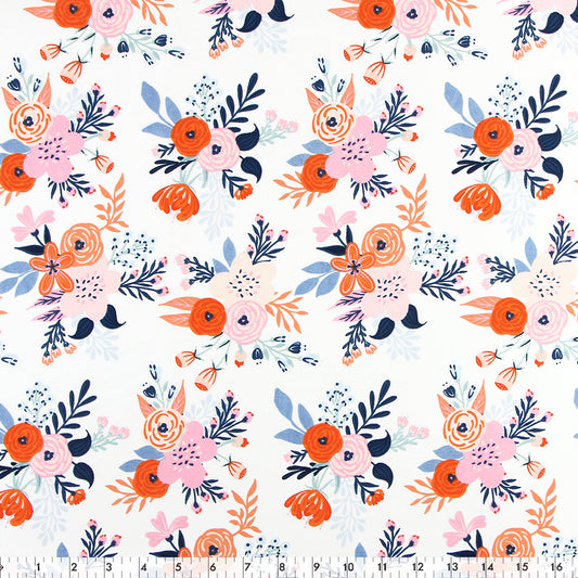 FABRIC CREATIONS 42" × 8 yd Cotton Fabric Bolt — White with Pink, Orange and Navy Flower Bunches