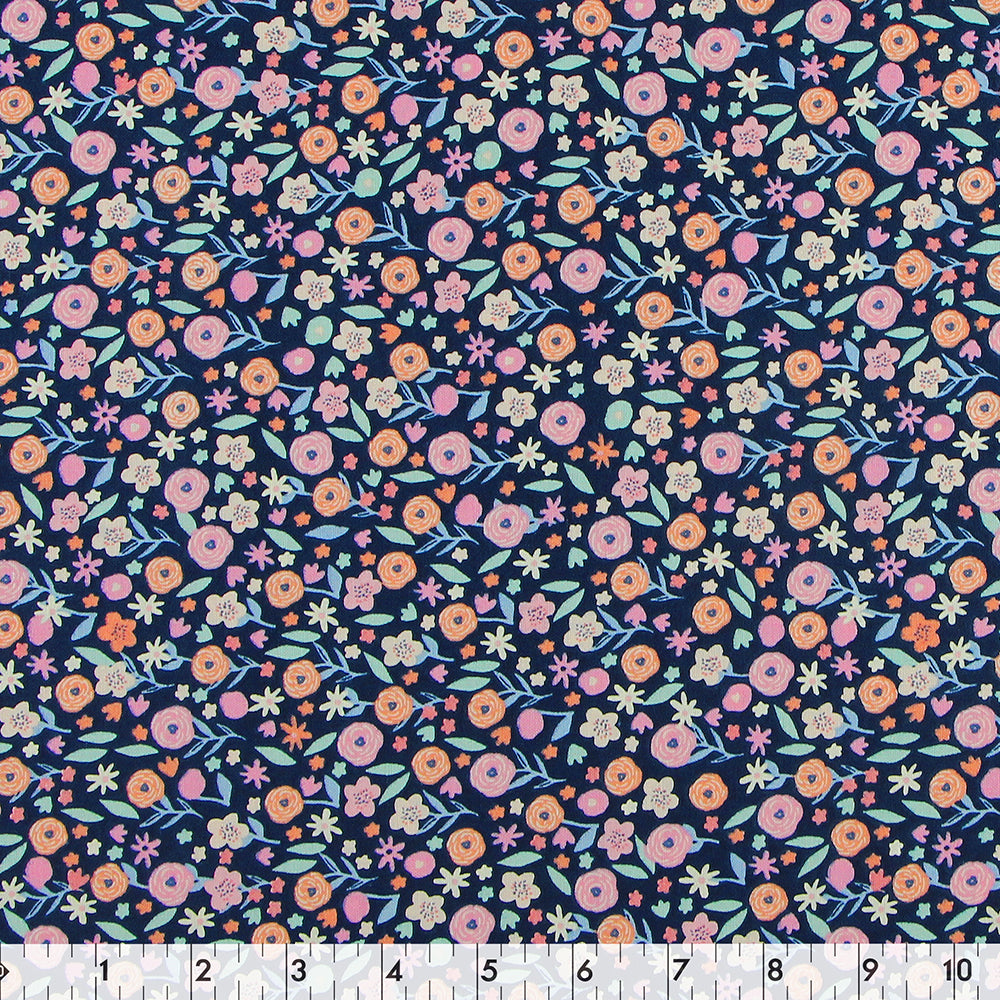 FABRIC CREATIONS 42" × 8 yd Cotton Fabric Bolt — Navy Blue with Small Peach and Pink Flowers