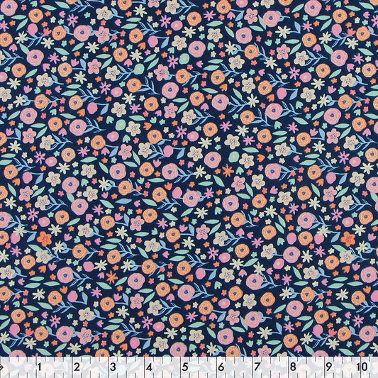 FABRIC CREATIONS 42" × 8 yd Cotton Fabric Bolt — Navy Blue with Small Peach and Pink Flowers