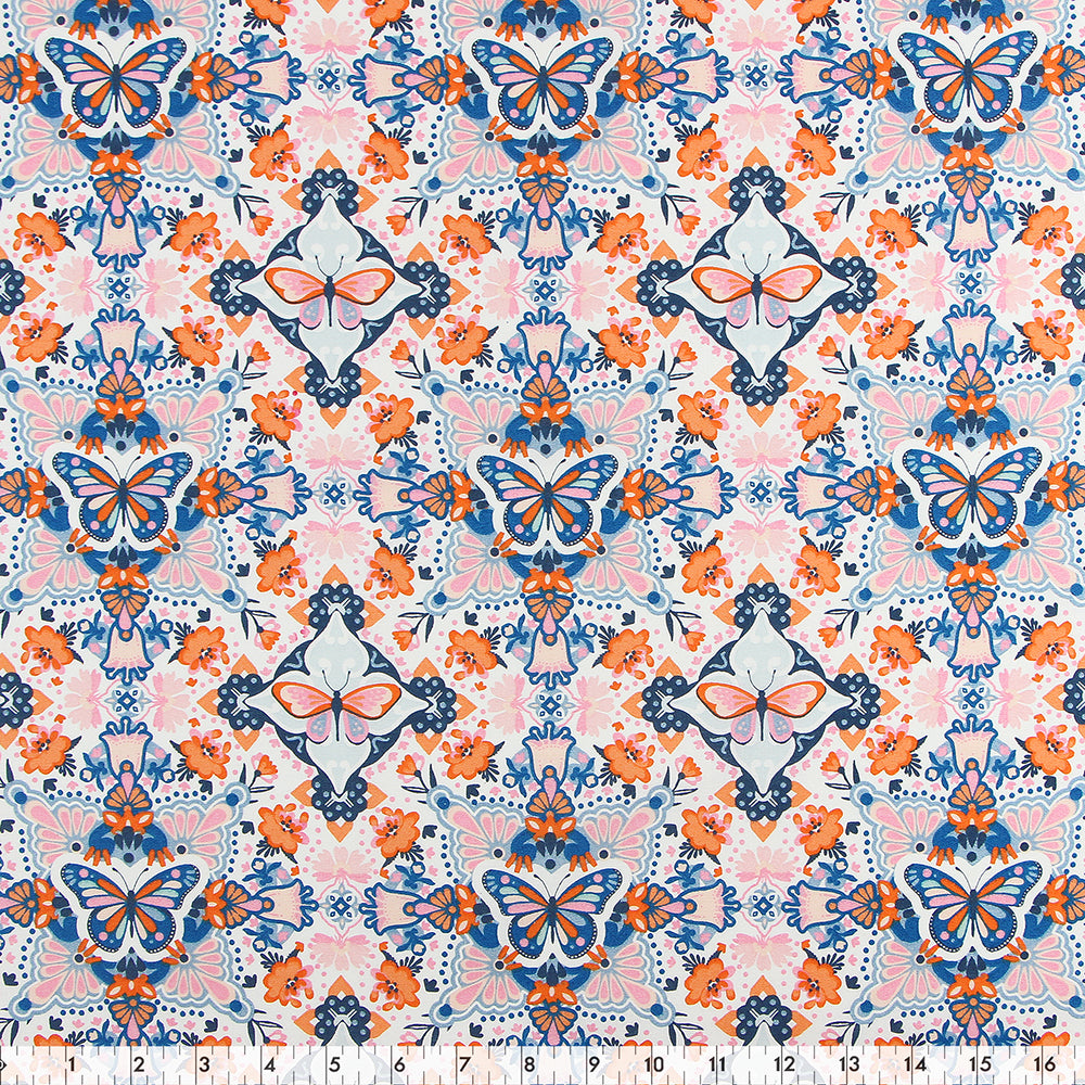FABRIC CREATIONS 42" × 8 yd Cotton Fabric Bolt — White with Orange and Navy Blue Butterflies and Flowers