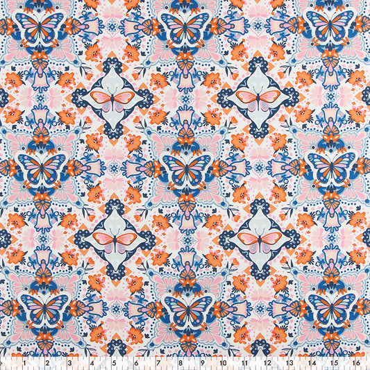 FABRIC CREATIONS 42" × 8 yd Cotton Fabric Bolt — White with Orange and Navy Blue Butterflies and Flowers