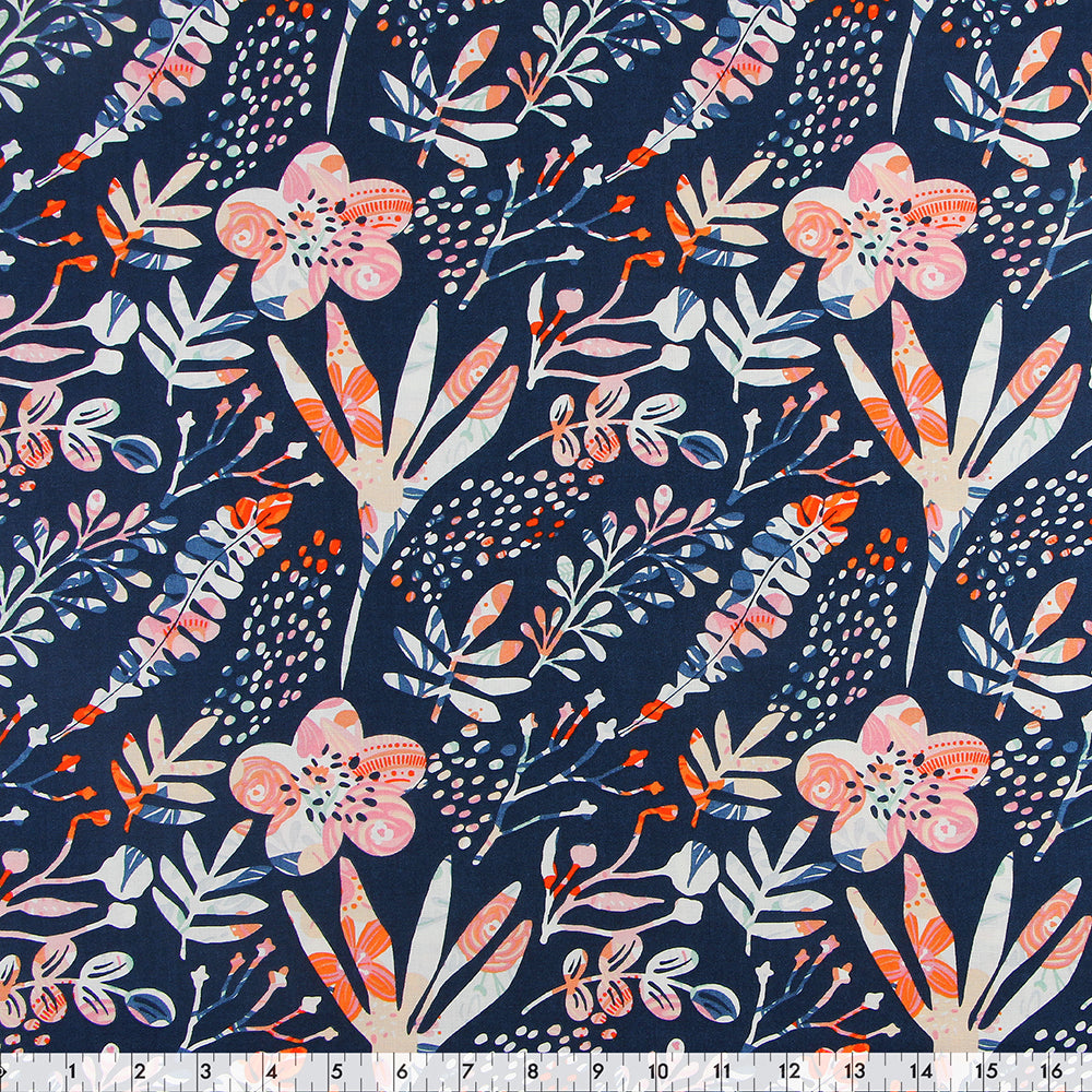 FABRIC CREATIONS 42" × 8 yd Cotton Fabric Bolt — Peach and Orange Flowers with Navy Blue Plant Stencil Overlay