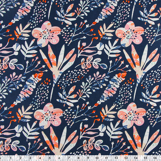 FABRIC CREATIONS 42" × 8 yd Cotton Fabric Bolt — Peach and Orange Flowers with Navy Blue Plant Stencil Overlay