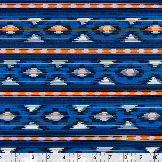 FABRIC CREATIONS 42" × 8 yd Cotton Fabric Bolt — Blue with Orange and White Native Stripes