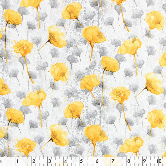 FABRIC CREATIONS 42" × 8 yd Cotton Fabric Bolt — Light Grey with Yellow and Grey Flower Blossoms