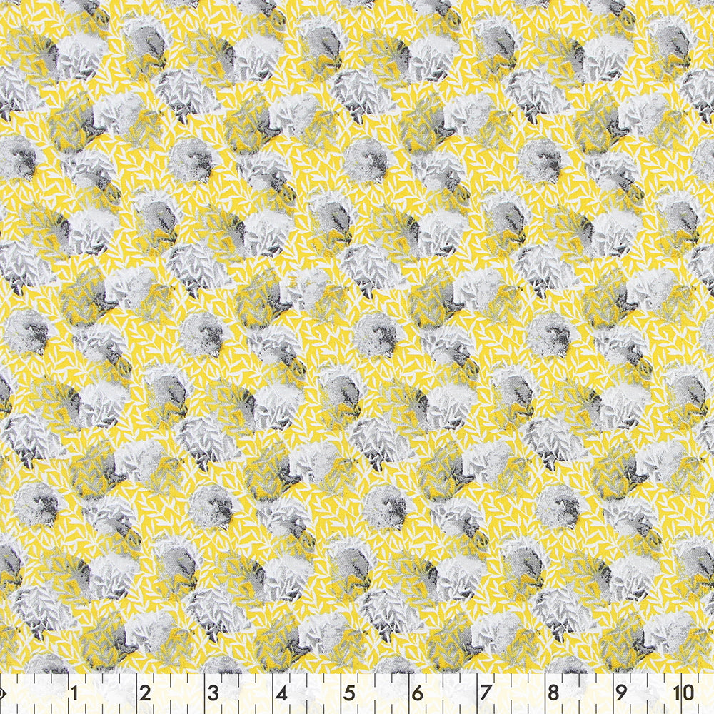 FABRIC CREATIONS 42" × 8 yd Cotton Fabric Bolt — Yellow with Grey Rocks and Micro White Leaves