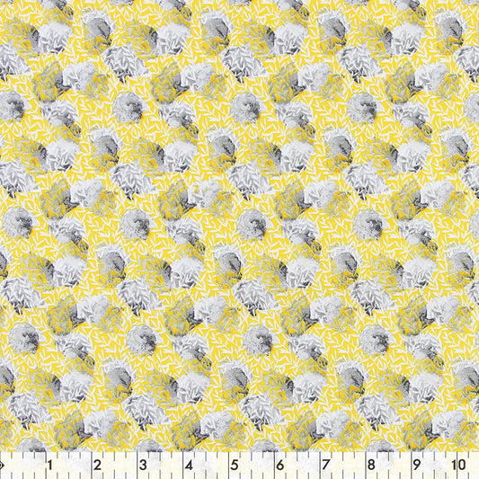 FABRIC CREATIONS 42" × 8 yd Cotton Fabric Bolt — Yellow with Grey Rocks and Micro White Leaves