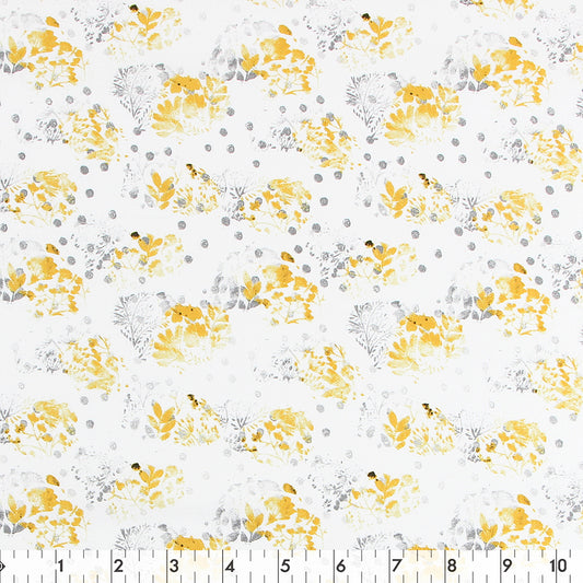 FABRIC CREATIONS 42" × 8 yd Cotton Fabric Bolt — Cream with Grey and Yellow Leaf Stamps