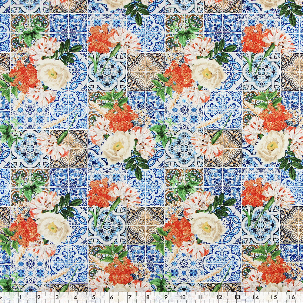 FABRIC CREATIONS 42" × 8 yd Cotton Fabric Bolt — Blue Mosaic Tiles with Flower Bunches