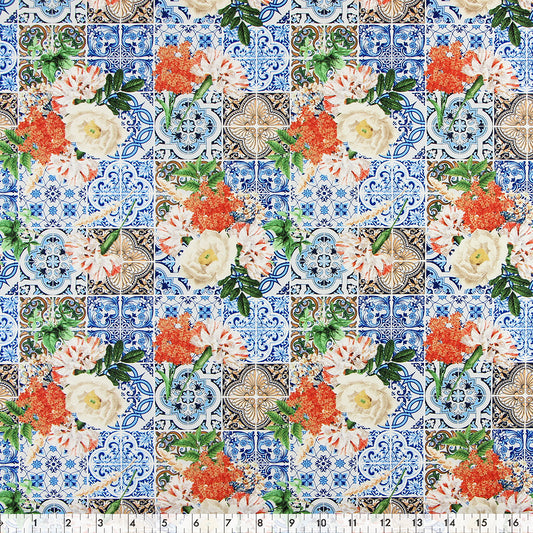 FABRIC CREATIONS 42" × 8 yd Cotton Fabric Bolt — Blue Mosaic Tiles with Flower Bunches