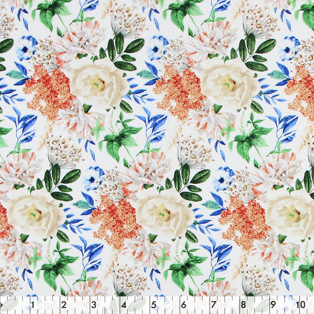 FABRIC CREATIONS 42" × 8 yd Cotton Fabric Bolt — White with White Roses and Blue and Peach Flowers