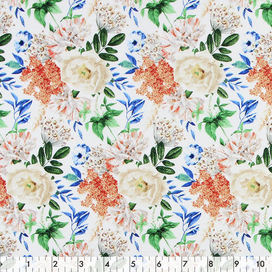 FABRIC CREATIONS 42" × 8 yd Cotton Fabric Bolt — White with White Roses and Blue and Peach Flowers