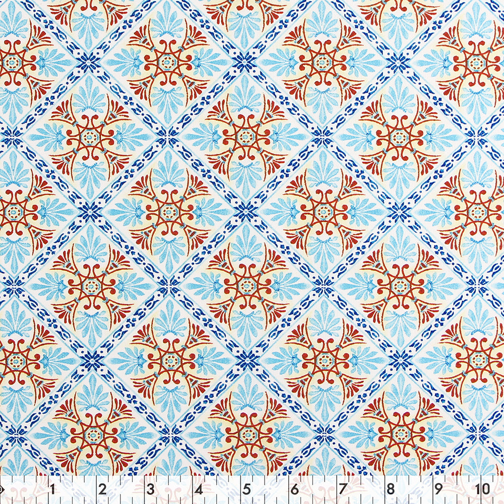 FABRIC CREATIONS 42" × 8 yd Cotton Fabric Bolt — White with Blue and Red Triangle Flower Tiles