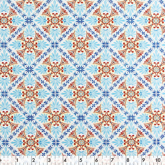 FABRIC CREATIONS 42" × 8 yd Cotton Fabric Bolt — White with Blue and Red Triangle Flower Tiles