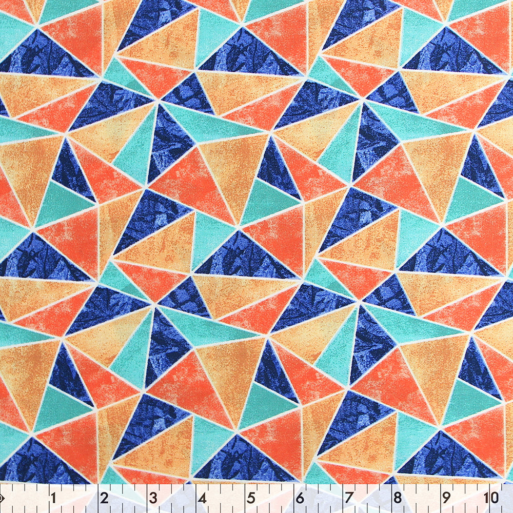 FABRIC CREATIONS 42" × 8 yd Cotton Fabric Bolt — Blue and Orange Triangles with White Borders