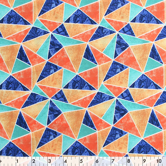 FABRIC CREATIONS 42" × 8 yd Cotton Fabric Bolt — Blue and Orange Triangles with White Borders