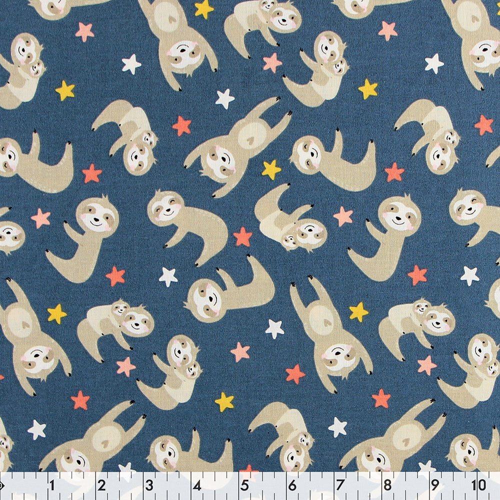 FABRIC CREATIONS 42" × 8 yd Cotton Fabric Bolt — Blue with Tan Happy Sloth Family