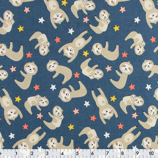 FABRIC CREATIONS 42" × 8 yd Cotton Fabric Bolt — Blue with Tan Happy Sloth Family