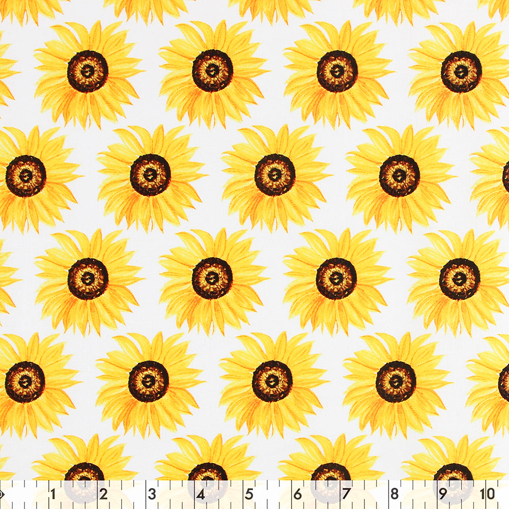 FABRIC CREATIONS 42" × 8 yd Cotton Fabric Bolt — White with Yellow Sunflower Heads