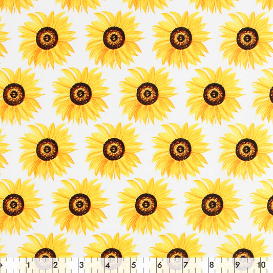 FABRIC CREATIONS 42" × 8 yd Cotton Fabric Bolt — White with Yellow Sunflower Heads