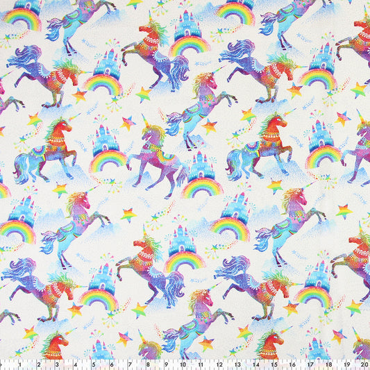 FABRIC CREATIONS 42" × 8 yd Cotton Fabric Bolt — Rainbow Unicorns and Castles