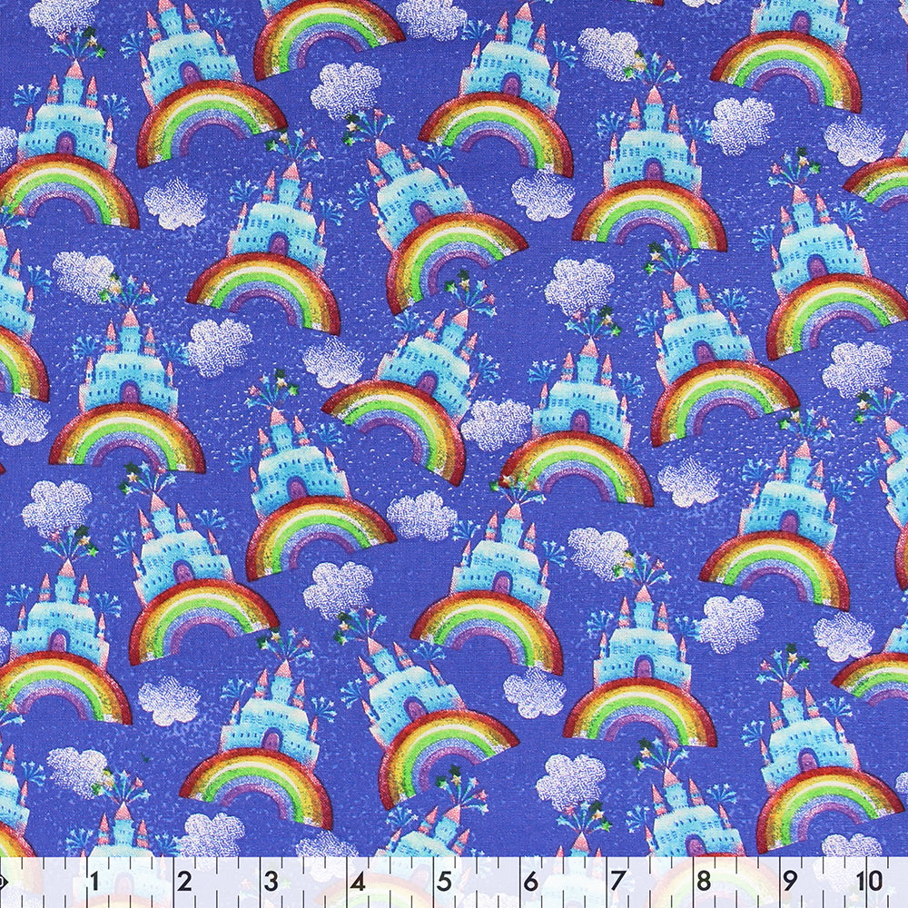 FABRIC CREATIONS 42" × 8 yd Cotton Fabric Bolt — Blue with Castles on Rainbows