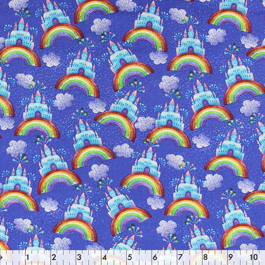 FABRIC CREATIONS 42" × 8 yd Cotton Fabric Bolt — Blue with Castles on Rainbows