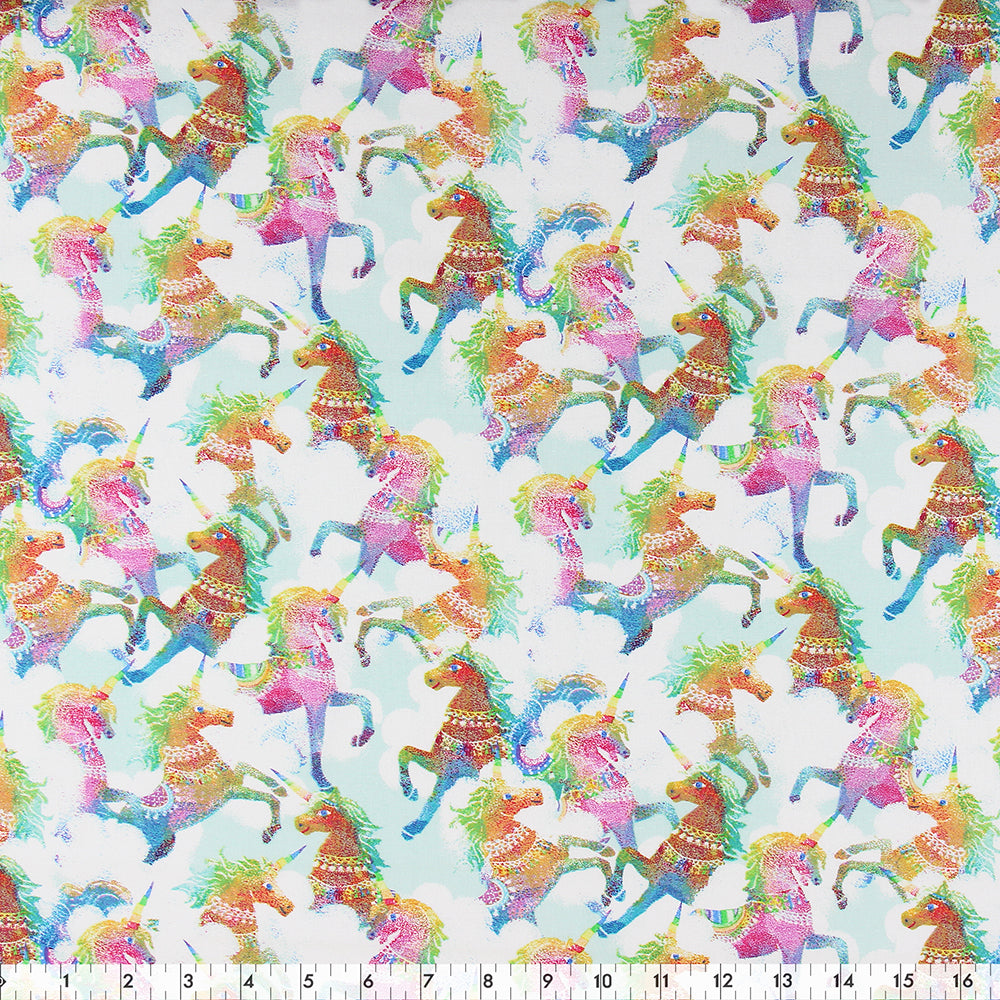FABRIC CREATIONS 42" × 8 yd Cotton Fabric Bolt — Light Green with Rainbow Unicorns