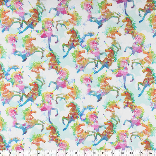 FABRIC CREATIONS 42" × 8 yd Cotton Fabric Bolt — Light Green with Rainbow Unicorns