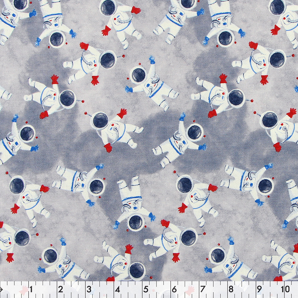 FABRIC CREATIONS 42" × 8 yd Cotton Fabric Bolt — Grey with White Rocket Man with Red and Blue Gloves
