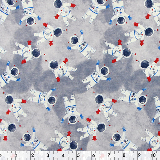 FABRIC CREATIONS 42" × 8 yd Cotton Fabric Bolt — Grey with White Rocket Man with Red and Blue Gloves