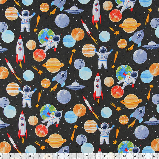 FABRIC CREATIONS 42" × 8 yd Cotton Fabric Bolt — Black with Stars and Astronauts, Rockets/Spaceships and Planets
