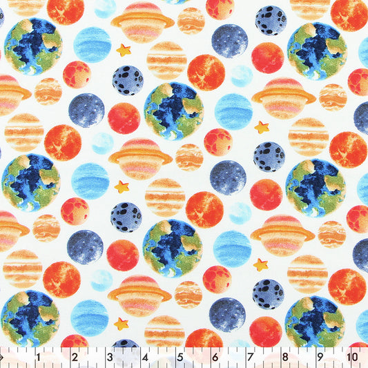 FABRIC CREATIONS 42" × 8 yd Cotton Fabric Bolt — White with Planets and Stars