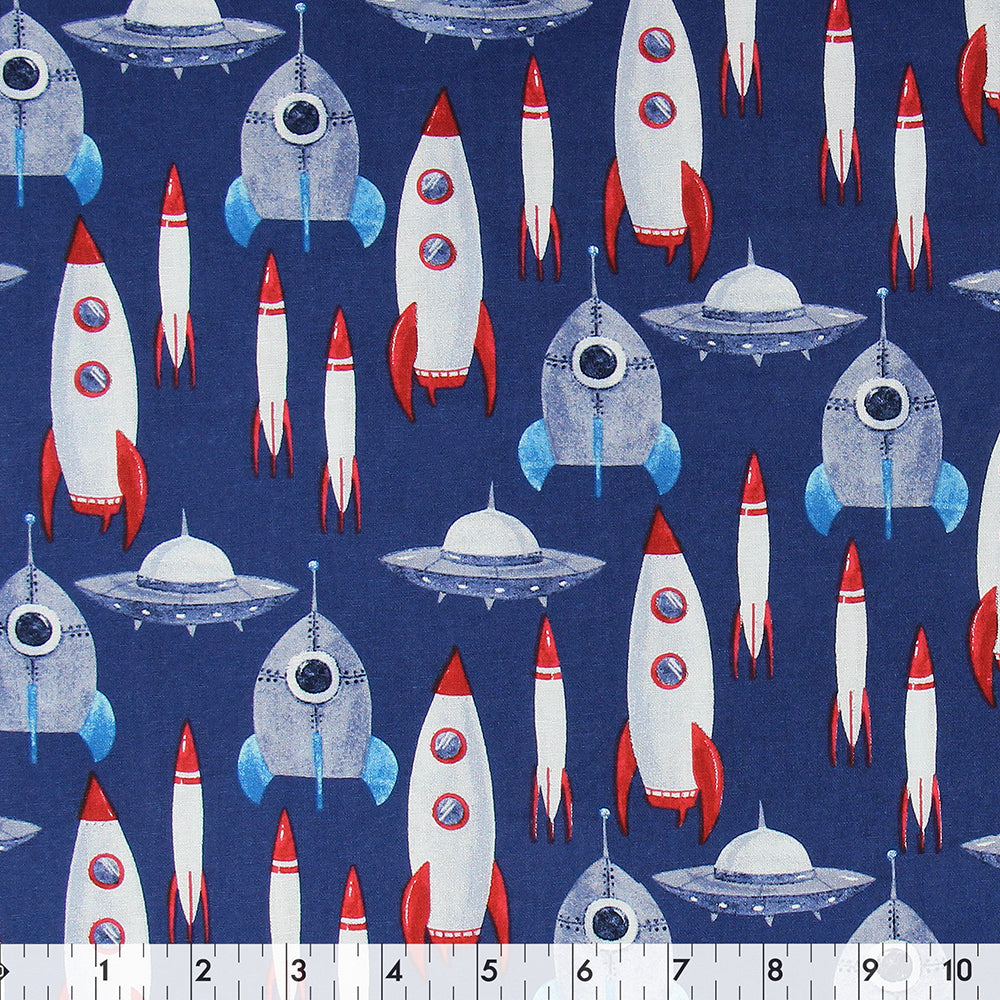 FABRIC CREATIONS 42" × 8 yd Cotton Fabric Bolt — Navy Blue with Grey, White and Red Rocket Ships