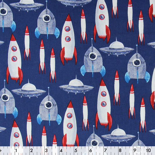 FABRIC CREATIONS 42" × 8 yd Cotton Fabric Bolt — Navy Blue with Grey, White and Red Rocket Ships