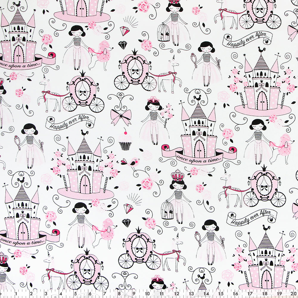 FABRIC CREATIONS 42" × 8 yd Cotton Fabric Bolt — White with Black and Pink Framed Princess Bella