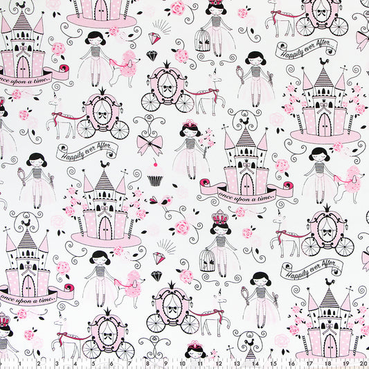 FABRIC CREATIONS 42" × 8 yd Cotton Fabric Bolt — White with Black and Pink Framed Princess Bella