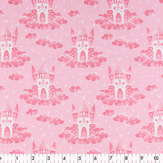 FABRIC CREATIONS 42" × 8 yd Cotton Fabric Bolt — Pink with White Stars and White and Dark Pink Castles