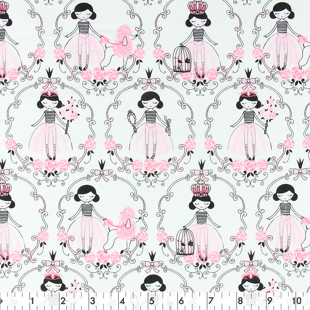 FABRIC CREATIONS 42" × 8 yd Cotton Fabric Bolt — White with Black and Pink Princess “Once Upon a Time”