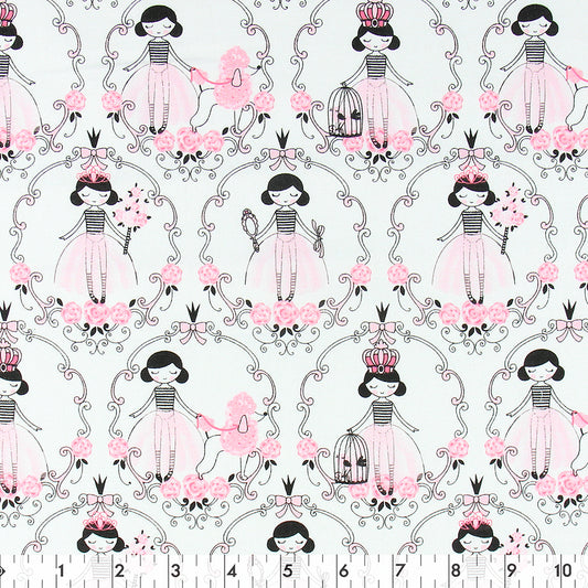 FABRIC CREATIONS 42" × 8 yd Cotton Fabric Bolt — White with Black and Pink Princess “Once Upon a Time”