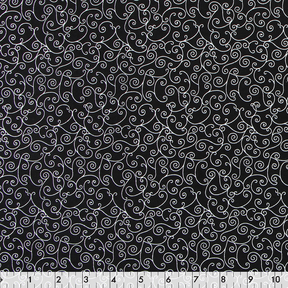 FABRIC CREATIONS 42" × 8 yd Cotton Fabric Bolt — Black with White Continuous Scroll