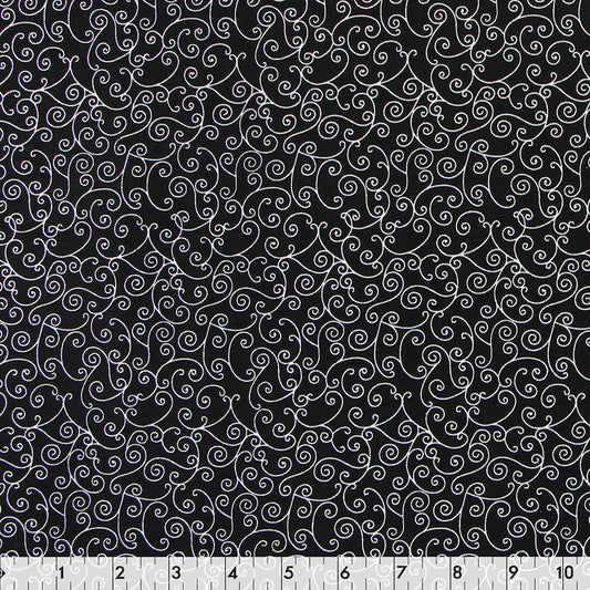FABRIC CREATIONS 42" × 8 yd Cotton Fabric Bolt — Black with White Continuous Scroll