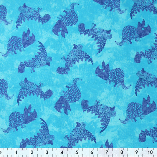 FABRIC CREATIONS 42" × 8 yd Cotton Fabric Bolt — Aquamarine with Sapphire Blue Dinosaurs