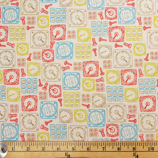 FABRIC CREATIONS 42" × 8 yd Cotton Fabric Bolt — Beige with Colourful Bolts and Dials