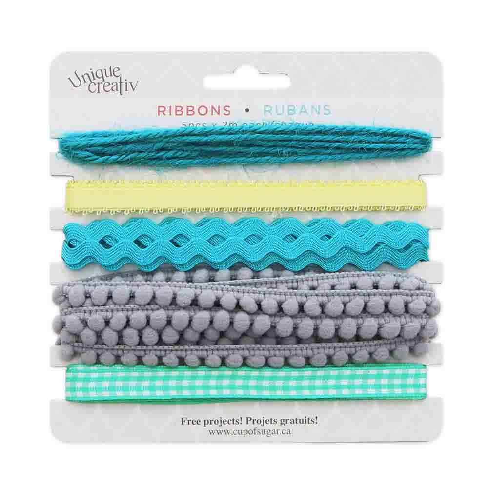 UNIQUE CREATIV Trim Pack – Aqua (5×2 m Assorted Ribbons & Trims)