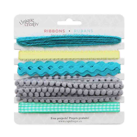 UNIQUE CREATIV Trim Pack – Aqua (5×2 m Assorted Ribbons & Trims)