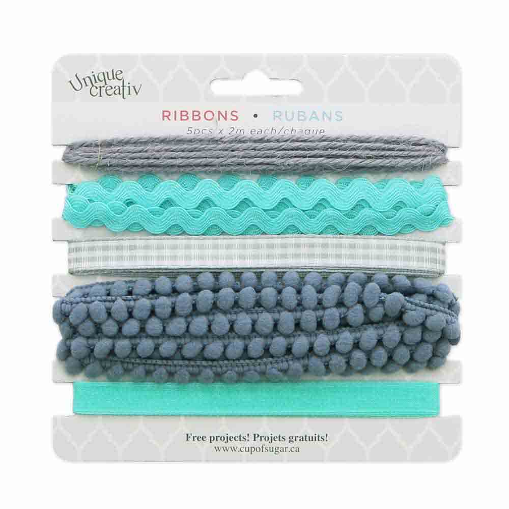 UNIQUE CREATIV Trim Pack – Aqua & Grey (5×2 m Assorted Ribbons & Trims)