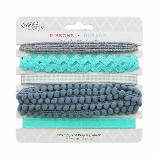 UNIQUE CREATIV Trim Pack – Aqua & Grey (5×2 m Assorted Ribbons & Trims)