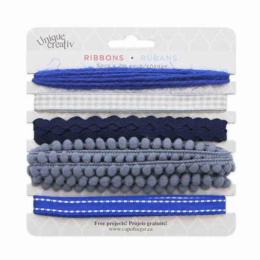 UNIQUE CREATIV Trim Pack – Navy Blue (5×2 m Assorted Ribbons & Trims)