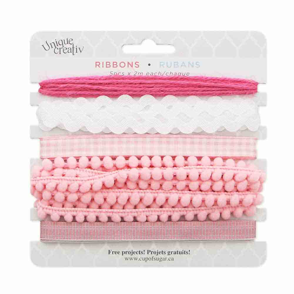 UNIQUE CREATIV Trim Pack – Pink & White (5×2 m Assorted Ribbons & Trims)